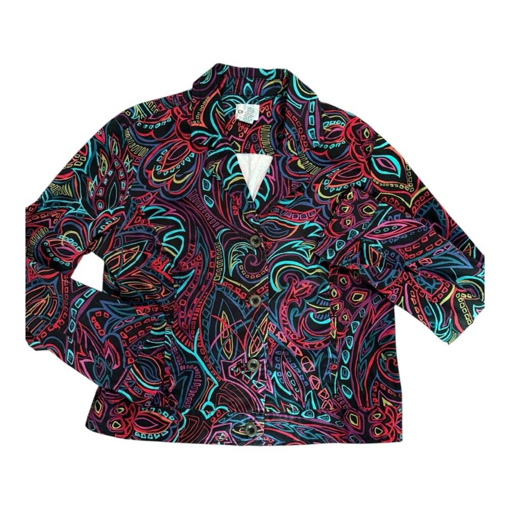 Vtg 90s Artsy Eclectic Colorful Printed Jacket Womens M Funky Maximalist Unique